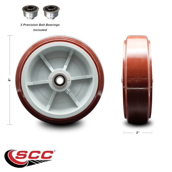 SCC - 8" Poly on Polyolefin Wheel Only w/Ball Bearing - 1/2" Bore - 800 lbs Cpty